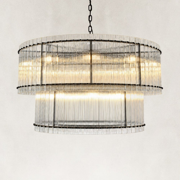 Tiered Fluted Glass Rod Drum Chandelier in Matte Black - alternate angle
