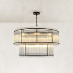 Tiered Fluted Glass Rod Drum Chandelier in Matte Black - complete fixture