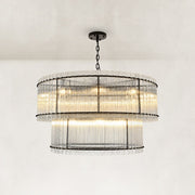 Tiered Fluted Glass Rod Drum Chandelier in Matte Black - complete fixture