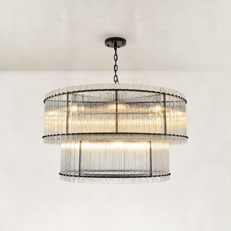 Tiered Fluted Glass Rod Drum Chandelier in Matte Black - complete fixture