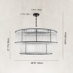 Tiered Fluted Glass Rod Drum Chandelier in Matte Black - dimension diagram