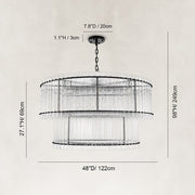 Tiered Fluted Glass Rod Drum Chandelier in Matte Black - dimension diagram