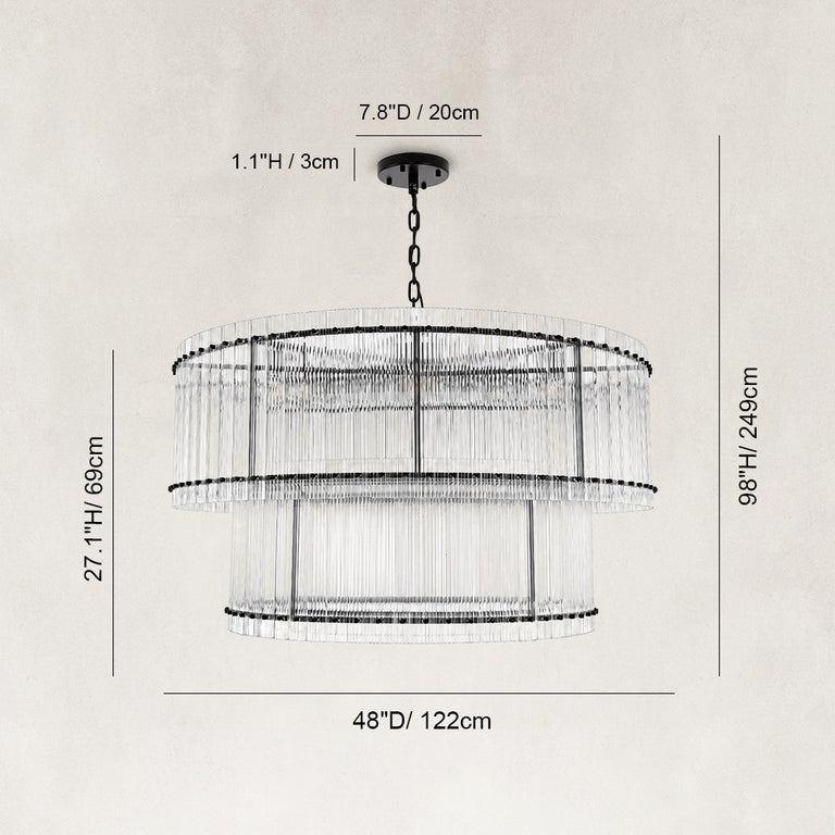 Tiered Fluted Glass Rod Drum Chandelier in Matte Black - dimension diagram