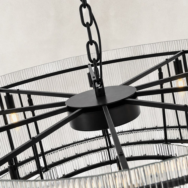 Tiered Fluted Glass Rod Drum Chandelier in Matte Black - material detail
