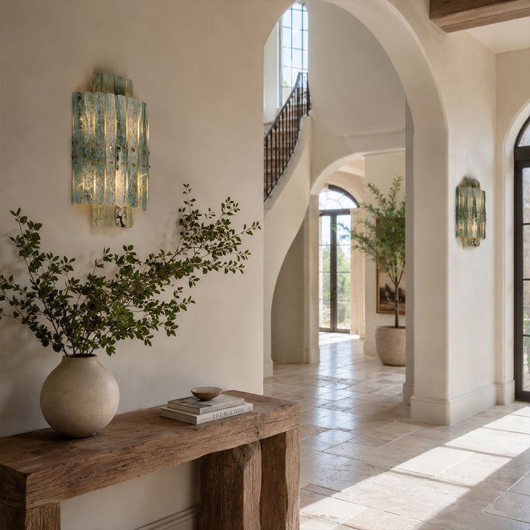Tiered Marble-Composite Panel Wall Sconce displayed in an entryway interior