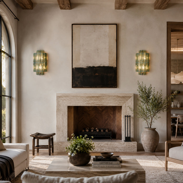 Tiered Marble-Composite Panel Wall Sconce displayed in a furnished living room