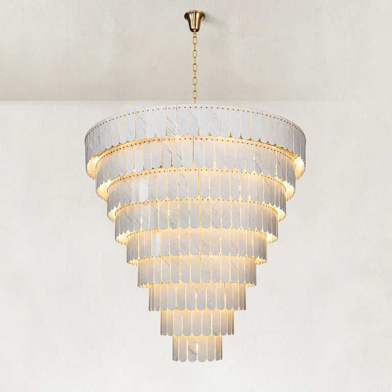 Tiered Marble Cone Chandelier 79.9" shown in full against a neutral background