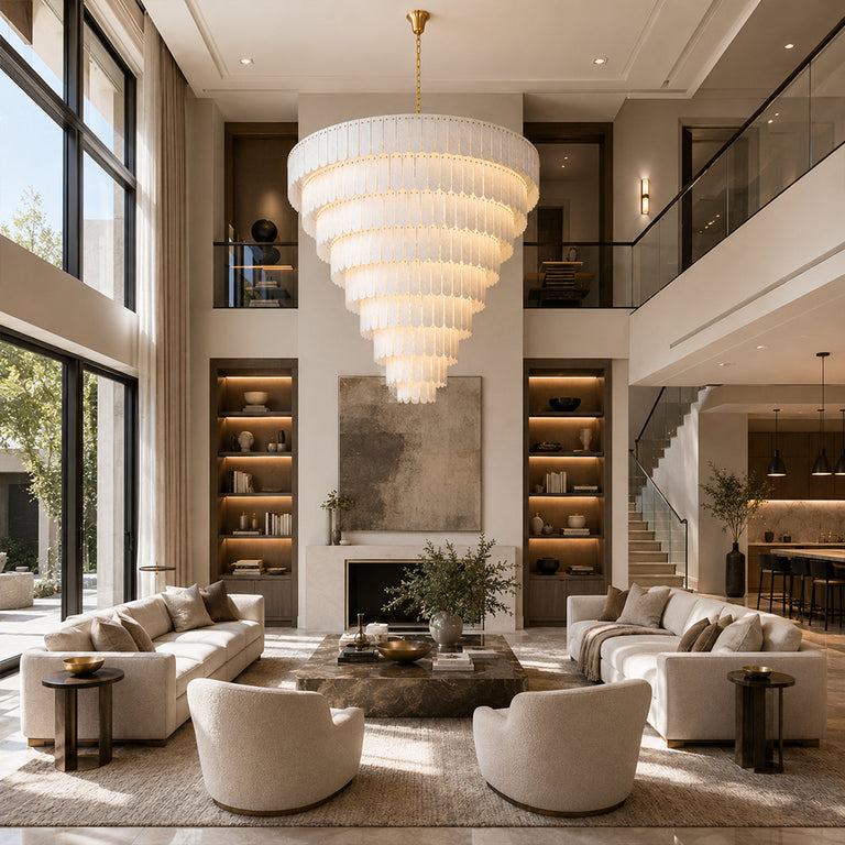 Tiered Marble Cone Chandelier 79.9" displayed in a furnished living room