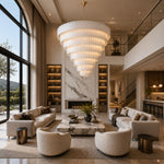 Tiered Marble Cone Chandelier 79.9" displayed in a furnished living room