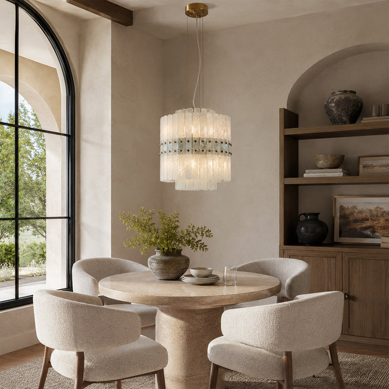 Tiered Marble Cylinder Chandelier 25.6" installed above a dining table