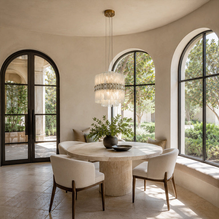 Tiered Marble Cylinder Chandelier 25.6" installed above a dining table