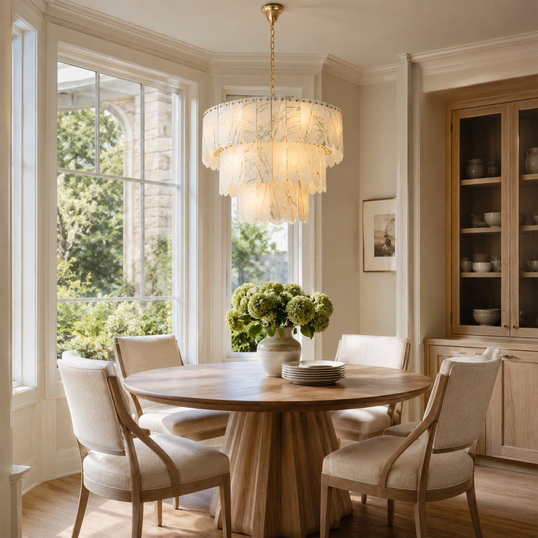 Tiered Marble Drum Pendant installed above a dining table