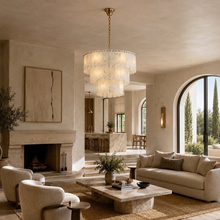 Tiered Marble Drum Pendant displayed in a furnished living room