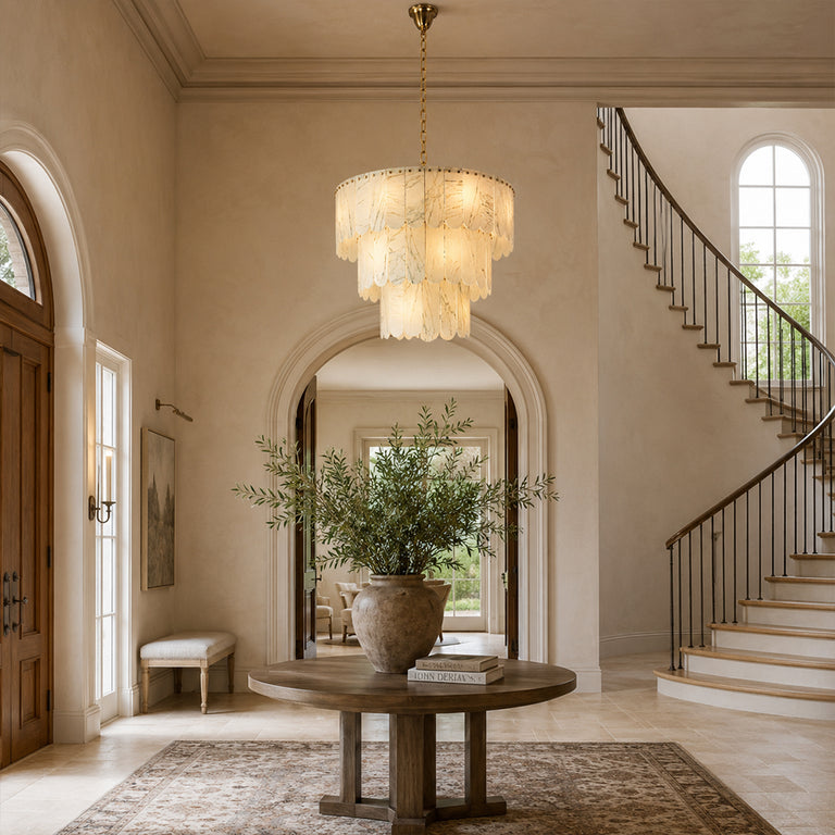 Tiered Marble Drum Pendant installed near an indoor staircase