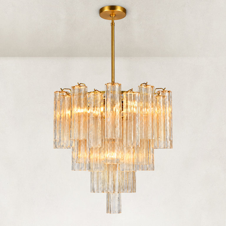 Illuminated tiered tubular glass chandelier