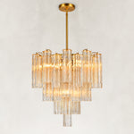 Illuminated tiered tubular glass chandelier with a round canopy