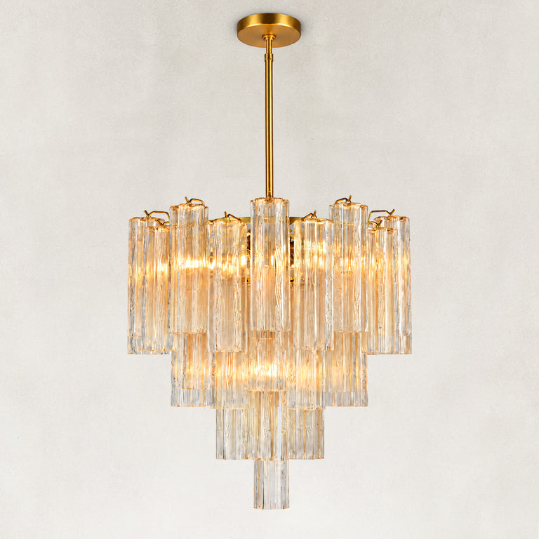 Illuminated tiered tubular glass chandelier with a round canopy