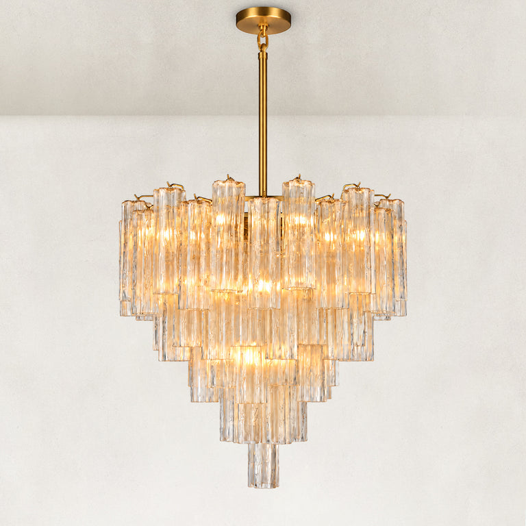 Illuminated tiered tubular glass chandelier