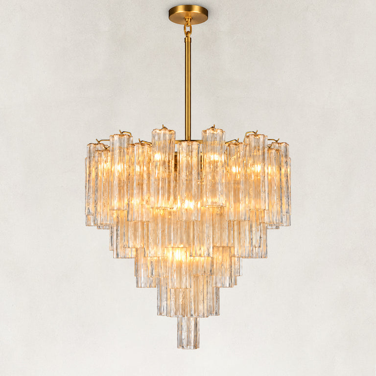 Illuminated tiered tubular glass chandelier with a round canopy