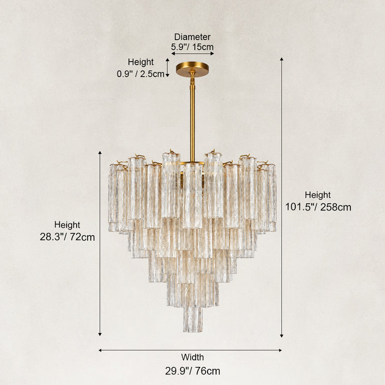 Dimensions of the 29.9-inch tiered tubular glass chandelier