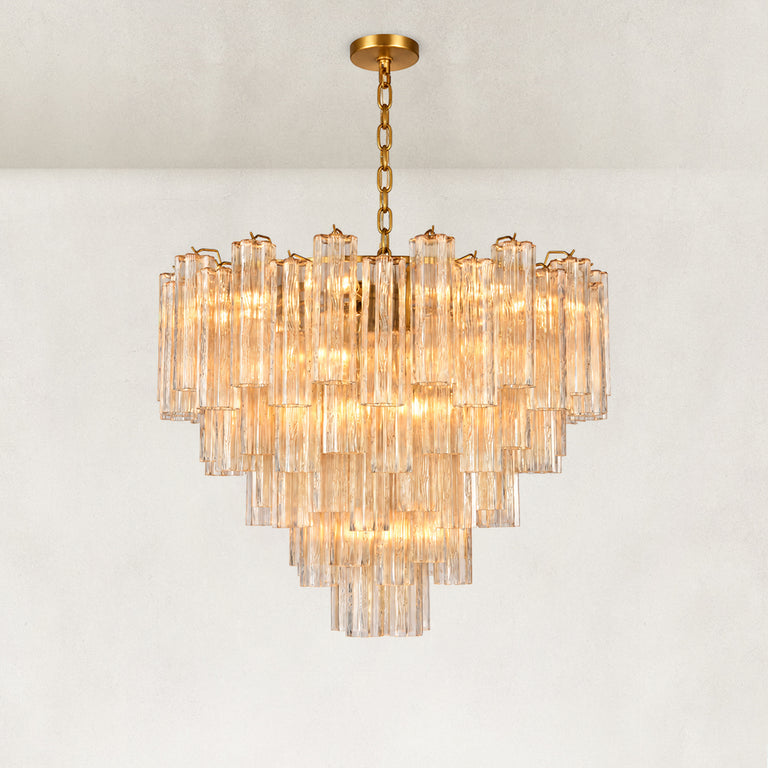 Illuminated tiered tubular glass chandelier