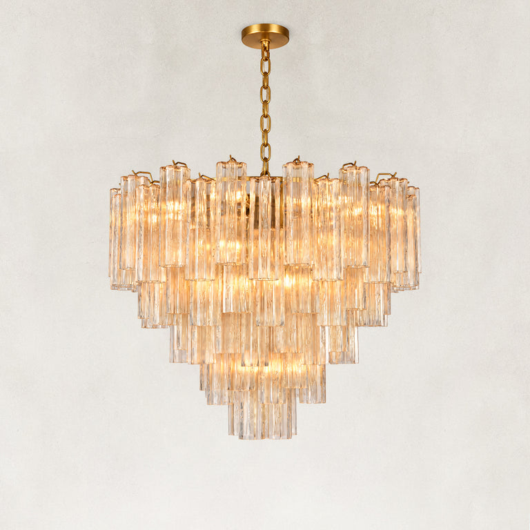 Illuminated tiered tubular glass chandelier with a round canopy