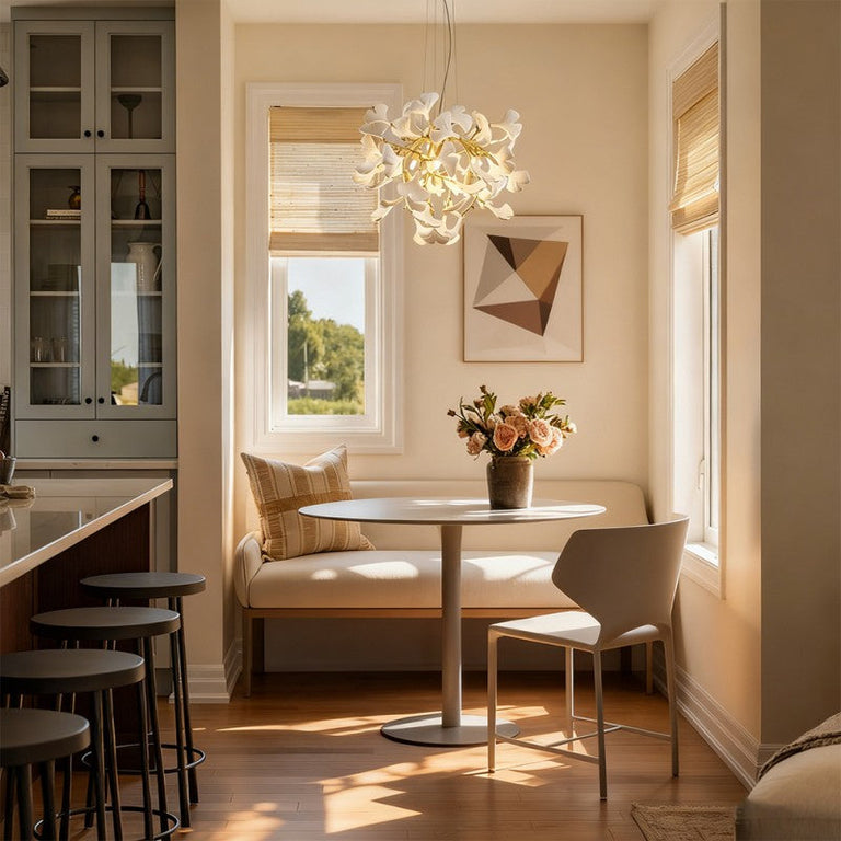 Ceramic leaf round chandelier in a dining nook.