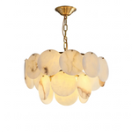 Two-tier alabaster disc chandelier with a gold-colored chain against a white background