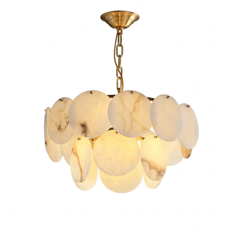 Two-tier alabaster disc chandelier with a gold-colored chain against a white background