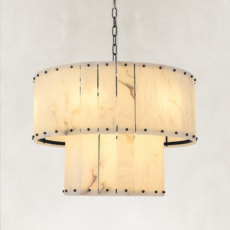 Illuminated two-tier alabaster drum chandelier with black finish