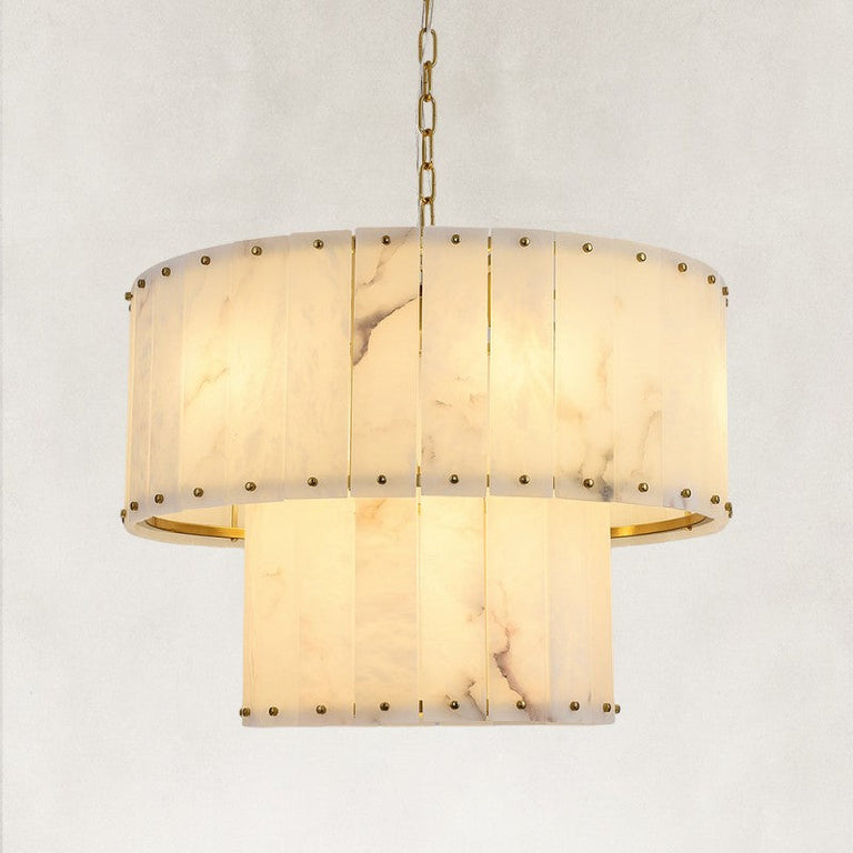 Illuminated two-tier alabaster drum chandelier with brass finish