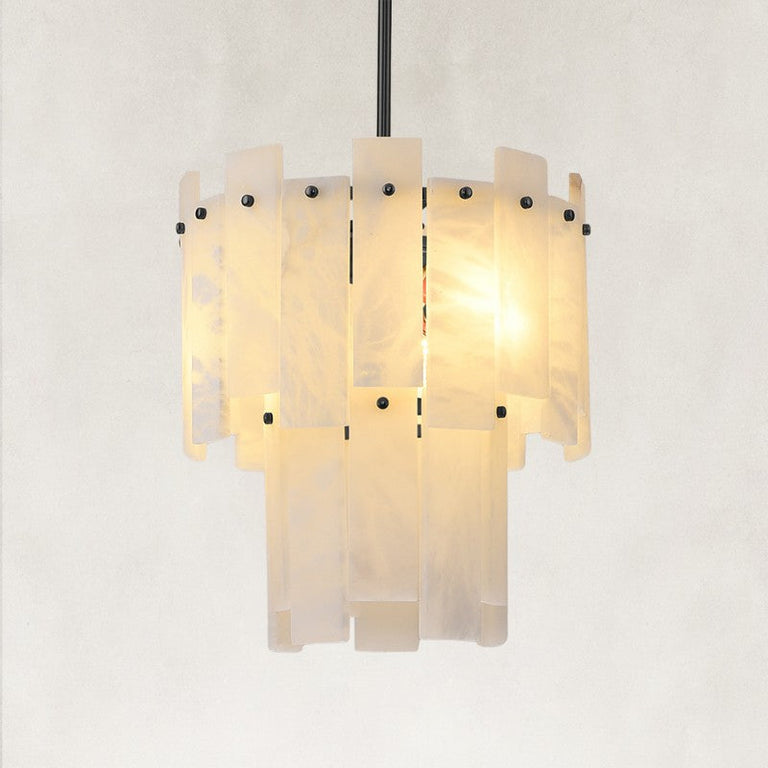 Illuminated two-tier alabaster panel pendant with black fittings
