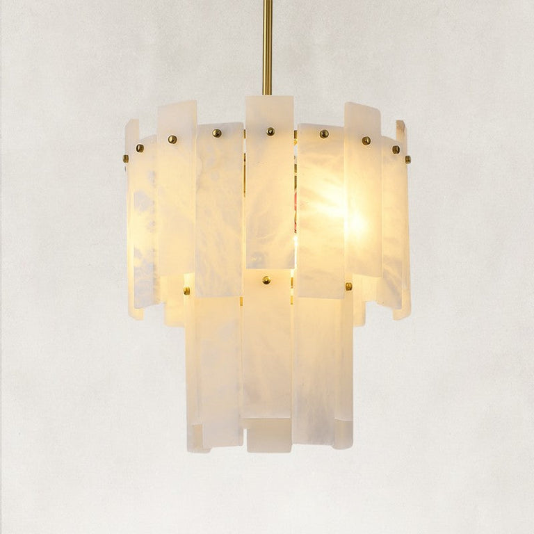 Illuminated two-tier alabaster panel pendant with brass-finish fittings