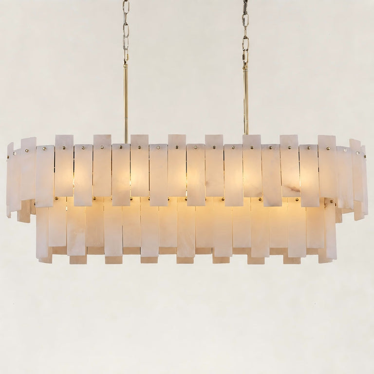 Illuminated brass-finish two-tier alabaster panel chandelier against a neutral background