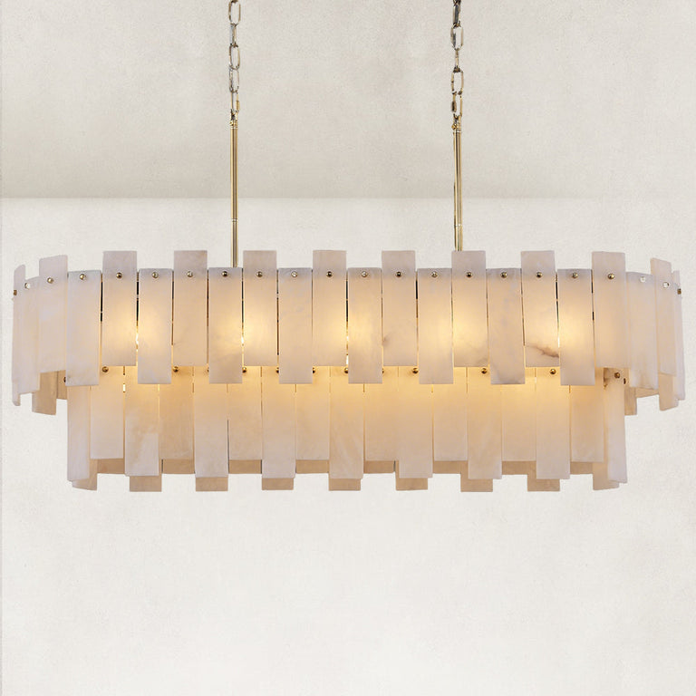 Illuminated brass-finish two-tier alabaster panel chandelier against a neutral background