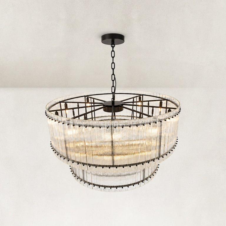 Black two-tier chandelier with vertical glass rods.