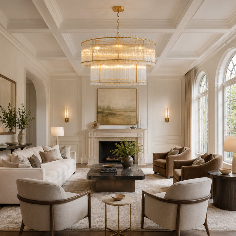 Gold-tone two-tier fluted glass chandelier in a room.