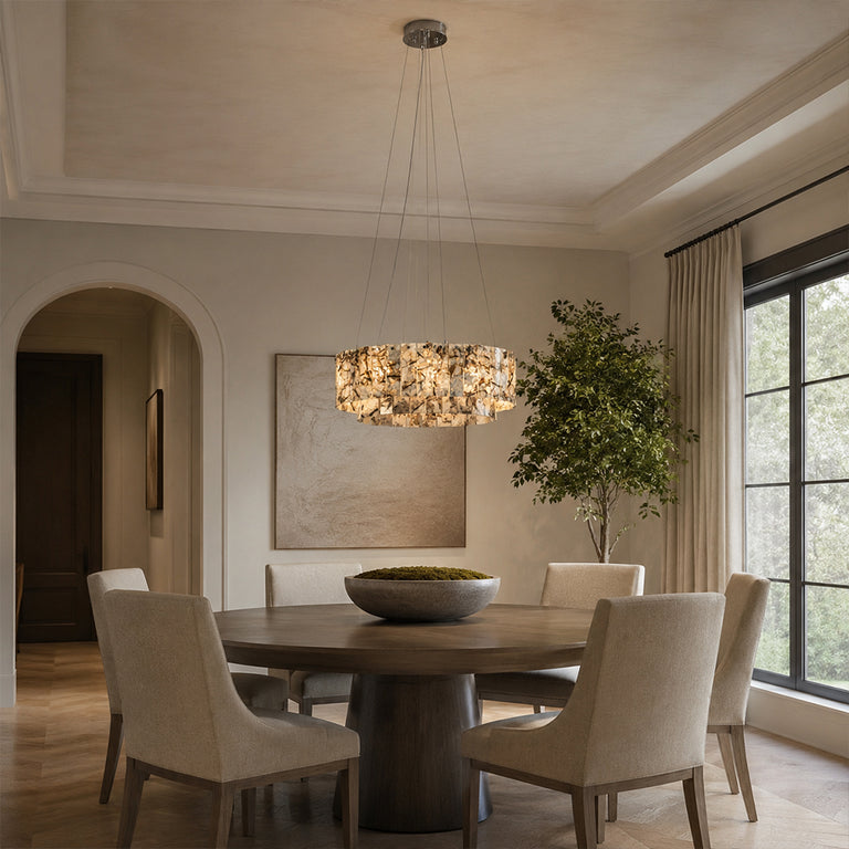 Two-Tier Marble Panel Drum Chandelier 31.5" installed above a dining table