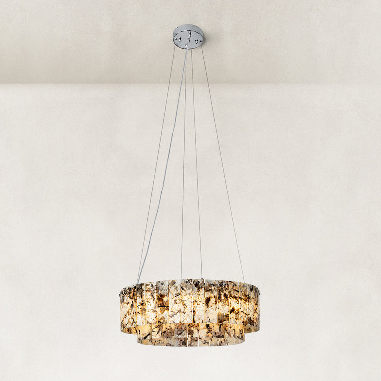 Two-Tier Marble Panel Drum Chandelier 31.5" shown in full against a neutral background