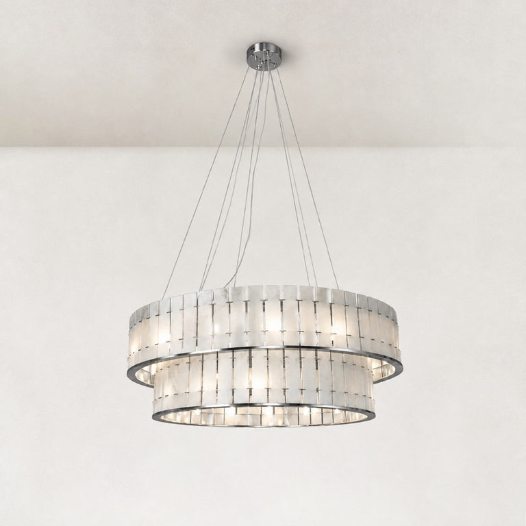 Two-Tier White Marble Drum Chandelier 39.4" in Chrome metal finish, shown as a complete fixture