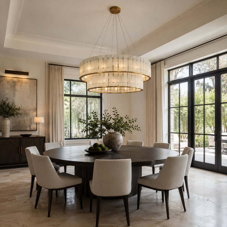 Two-Tier White Marble Drum Chandelier 39.4" installed above a dining table