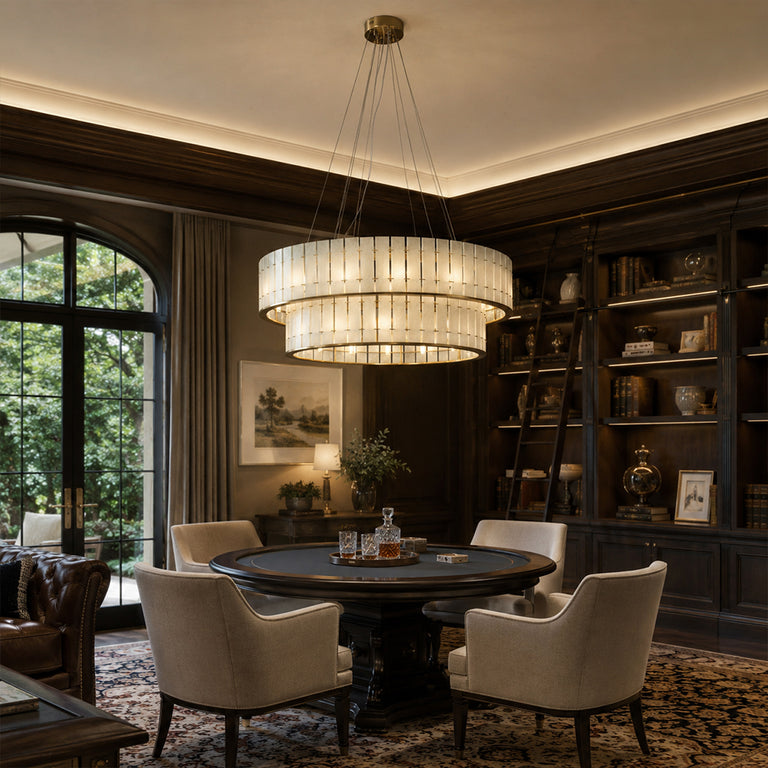 Two-Tier White Marble Drum Chandelier 39.4" installed above a dining table