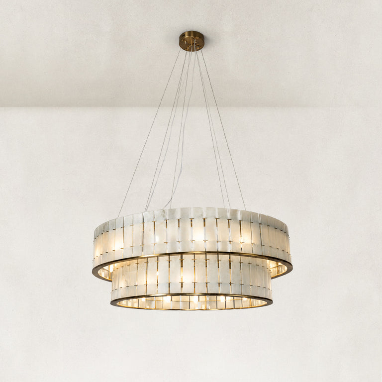 Two-Tier White Marble Drum Chandelier 39.4" shown in full against a neutral background