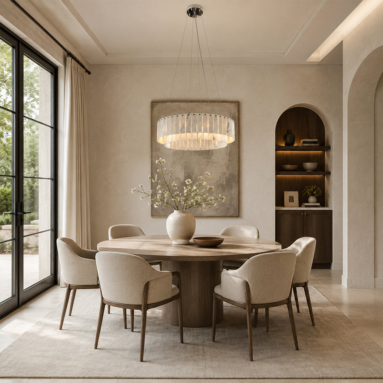Two-Tier White Marble Ring Chandelier 31.5" installed above a dining table