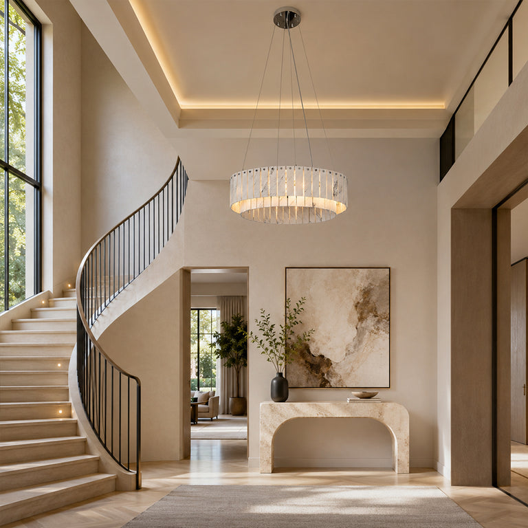 Two-Tier White Marble Ring Chandelier 31.5" installed near an indoor staircase