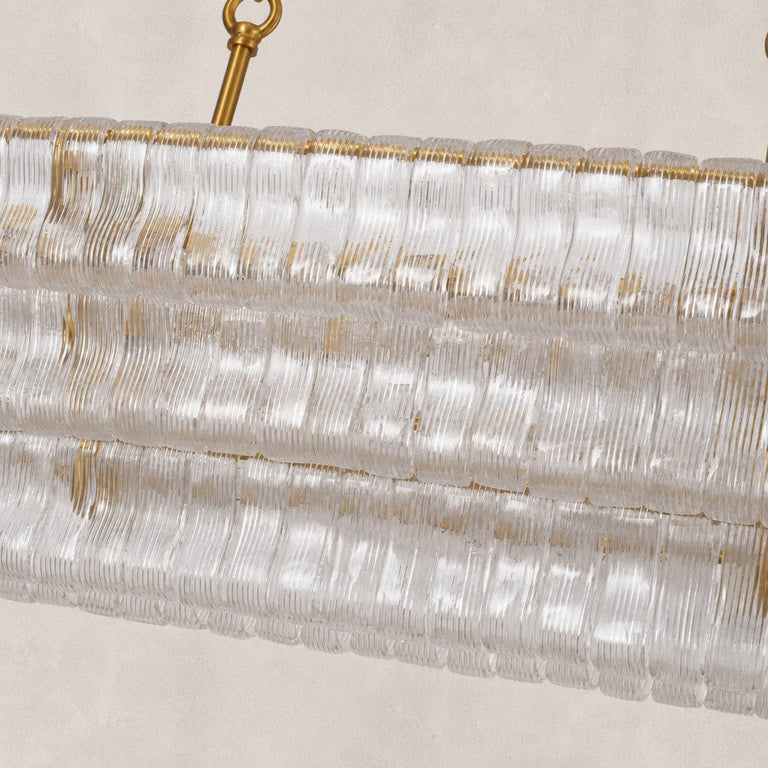 Unlit clear glass tiers and suspension stem.