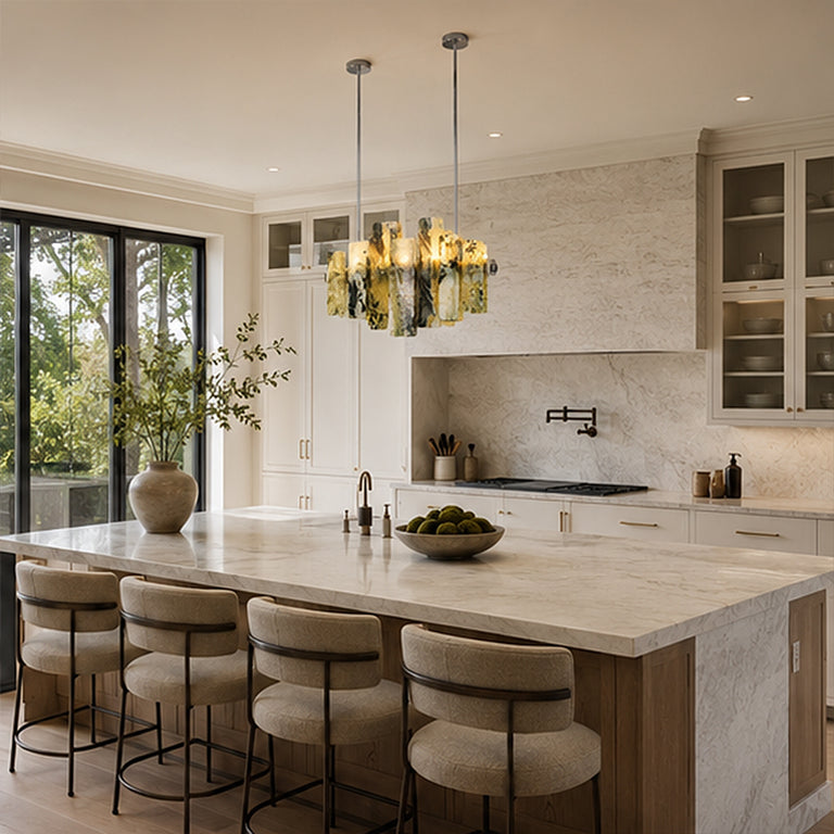 Variegated Marble Blade Chandelier 31.5" installed above a kitchen island