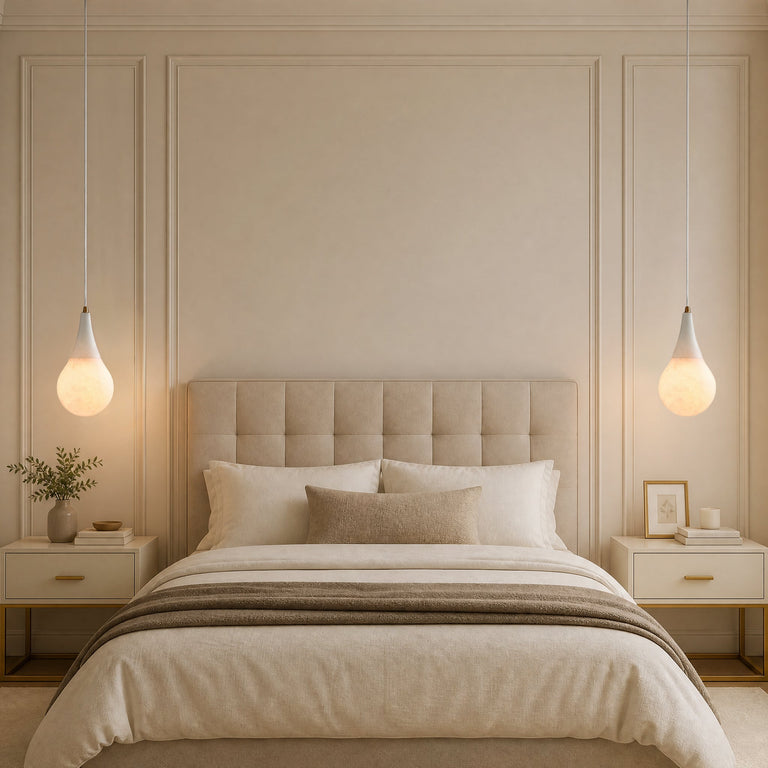 Teardrop Modern Alabaster Pendant Light by Dalmivik, complete fixture view