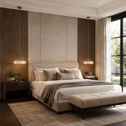 Veined Marble Drum Pendant installed beside a bed in a furnished bedroom