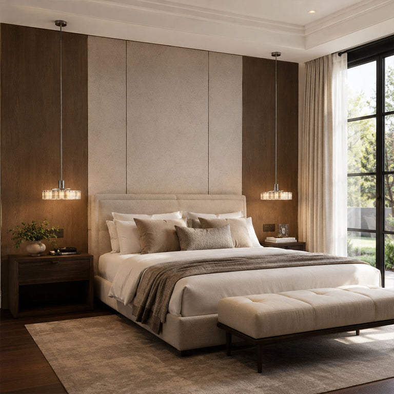 Veined Marble Drum Pendant installed beside a bed in a furnished bedroom